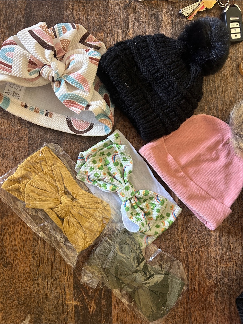 Kids Accessories Set - Pink Knit Beanie with Pom & Assorted Headwraps